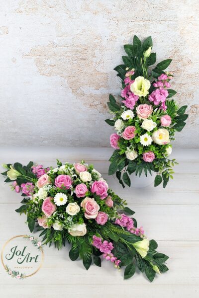 KOMPLET: KOMPOZYCJA NA PŁYTĘ Z BUKIETEM DO WAZONU NA CMENTARZ