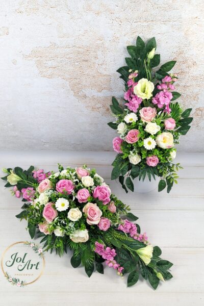 KOMPLET: KOMPOZYCJA NA PŁYTĘ Z BUKIETEM DO WAZONU NA CMENTARZ