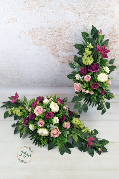 KOMPLET: KOMPOZYCJA NA PŁYTĘ Z BUKIETEM DO WAZONU NA CMENTARZ