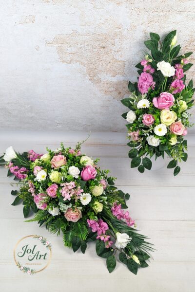 KOMPLET: KOMPOZYCJA NA PŁYTĘ Z BUKIETEM DO WAZONU NA CMENTARZ