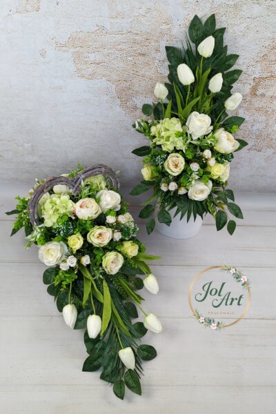 KOMPLET: KOMPOZYCJA W KOSZU SERCE NA PŁYTĘ Z BUKIETEM DO WAZONU NA CMENTARZ Z TULIPANAMI