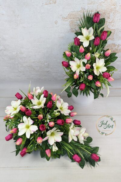 KOMPLET MAGNOLIA: KOMPOZYCJA NA PŁYTĘ Z BUKIETEM DO WAZONU NA CMENTARZ