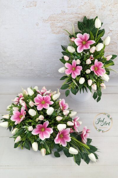 KOMPLET MAGNOLIA: KOMPOZYCJA NA PŁYTĘ Z BUKIETEM DO WAZONU NA CMENTARZ