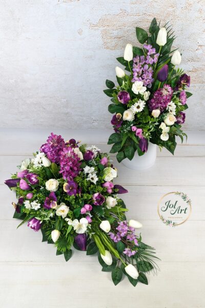 KOMPLET HIACYNT: KOMPOZYCJA NA PŁYTĘ Z BUKIETEM DO WAZONU NA CMENTARZ