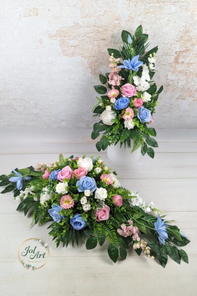 KOMPLET: KOMPOZYCJA NA PŁYTĘ Z BUKIETEM DO WAZONU NA CMENTARZ