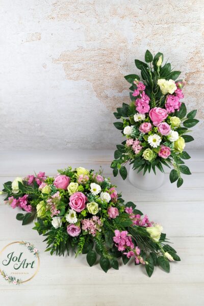 KOMPLET: KOMPOZYCJA NA PŁYTĘ Z BUKIETEM DO WAZONU NA CMENTARZ