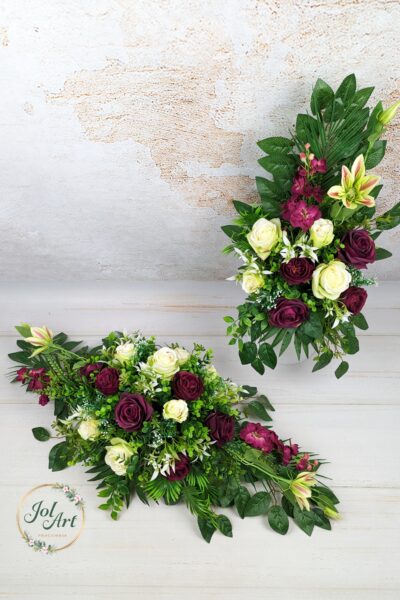 KOMPLET: KOMPOZYCJA NA PŁYTĘ Z BUKIETEM DO WAZONU NA CMENTARZ