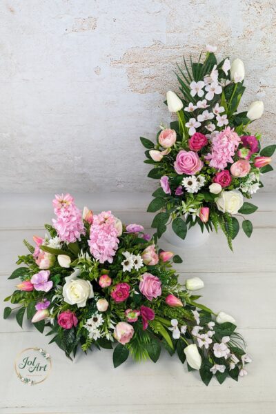 KOMPLET HIACYNT: KOMPOZYCJA NA PŁYTĘ Z BUKIETEM DO WAZONU NA CMENTARZ