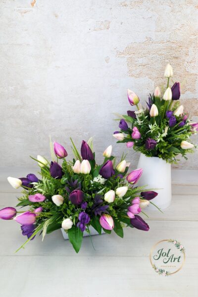 KOMPLET TULIPAN: KOMPOZYCJA NA PŁYTĘ Z BUKIETEM DO WAZONU NA CMENTARZ