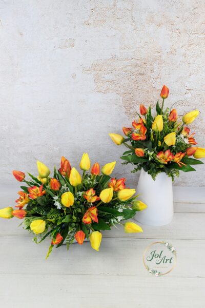 KOMPLET TULIPAN: KOMPOZYCJA NA PŁYTĘ Z BUKIETEM DO WAZONU NA CMENTARZ (Kopia)