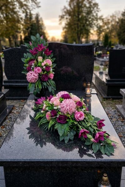 KOMPLET CHRYZANTEMY: KOMPOZYCJA NA PŁYTĘ Z BUKIETEM DO WAZONU NA CMENTARZ
