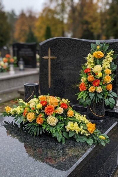 KOMPLET: KOMPOZYCJA NA PŁYTĘ Z BUKIETEM DO WAZONU NA CMENTARZ