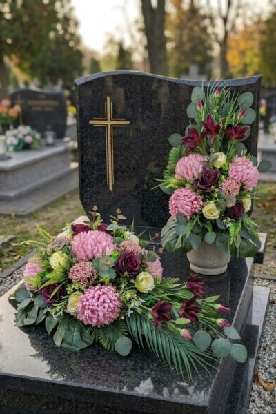 KOMPLET CHRYZANTEMY: KOMPOZYCJA NA PŁYTĘ Z BUKIETEM DO WAZONU NA CMENTARZ